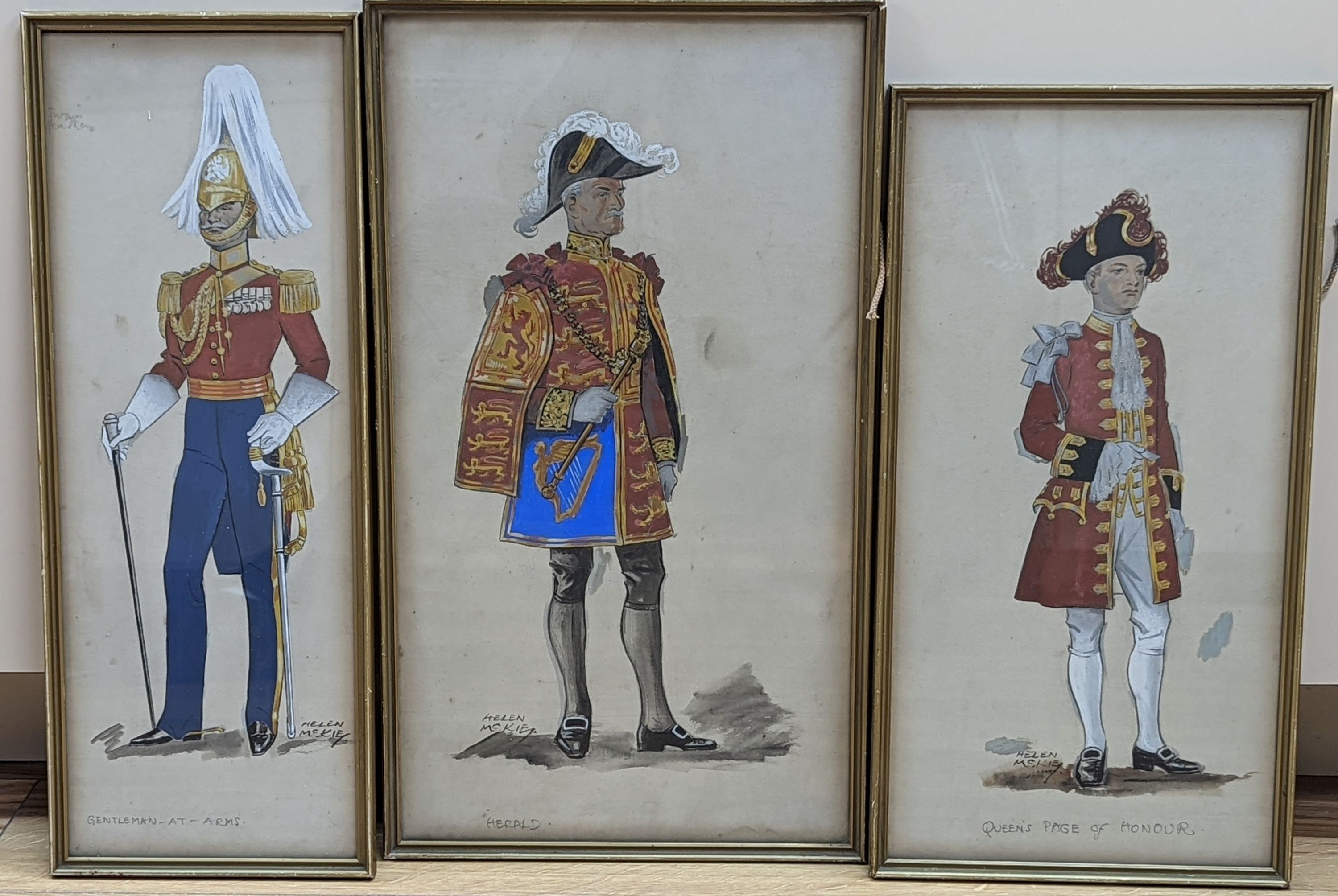 Helen McKie, three gouache and watercolour studies, Gentleman at arms, Queen's Page of Honour and Herald, signed, largest 47 x 26cm
